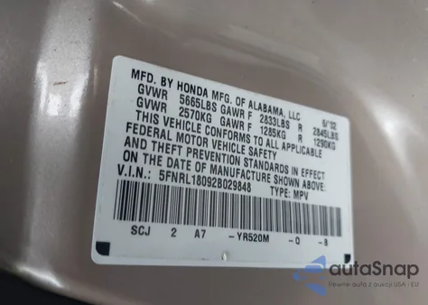 2002 Honda Odyssey Ex-L из США, поврежденный, VIN 5FNRL18092B029848